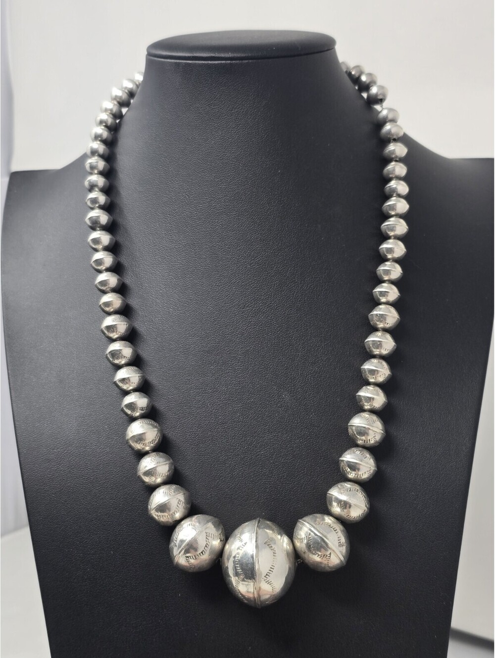 Navajo Sterling Silver Graduated Stamped Pearls Necklace 24" - Picture 2 of 8